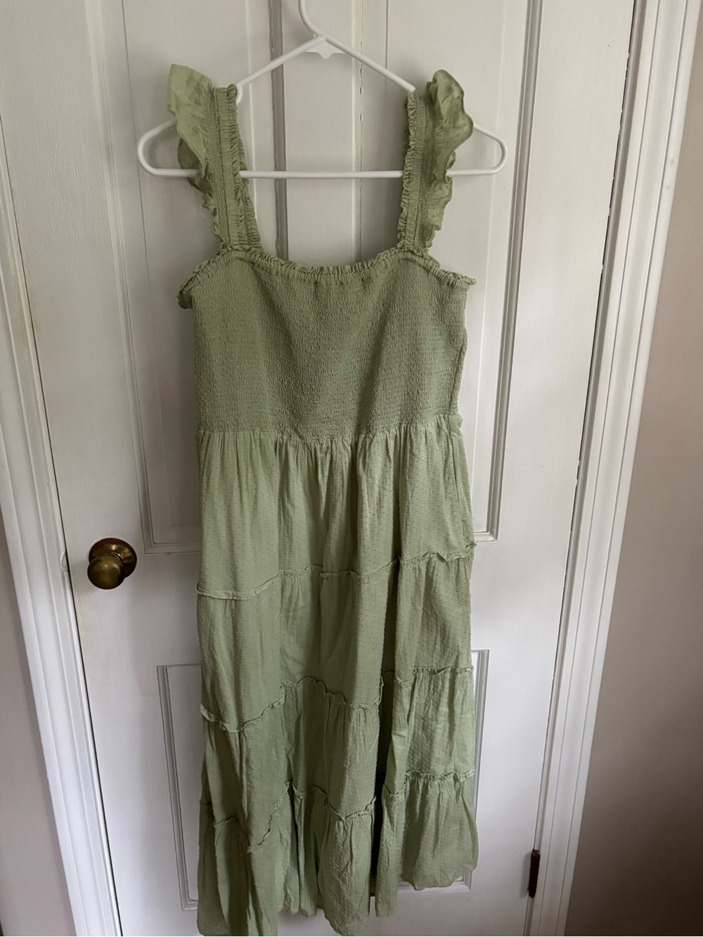J. Crew Sage Green Smocked Tiered Maxi Dress